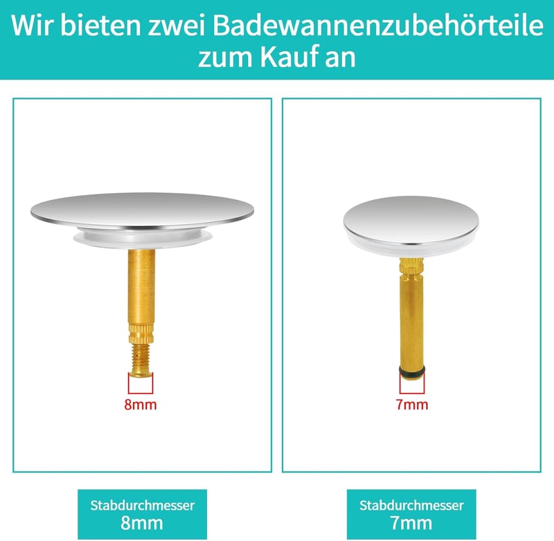 Univerzális sárgaréz fürdőkád dugó, 39-43mm, 8mm-es rúddal