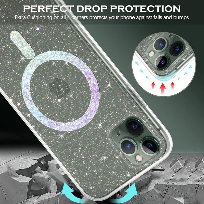 iPhone 11 Pro Max Átlátszó Glitteres MagSafe Tok - Csillogó Szilikon Védőburkolat