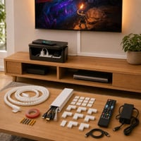 Pachet Organizare TV: 1x cablu USB-C + 10x canal cablu + cutie + 2x spirale + telecomandă + sursă LED 1