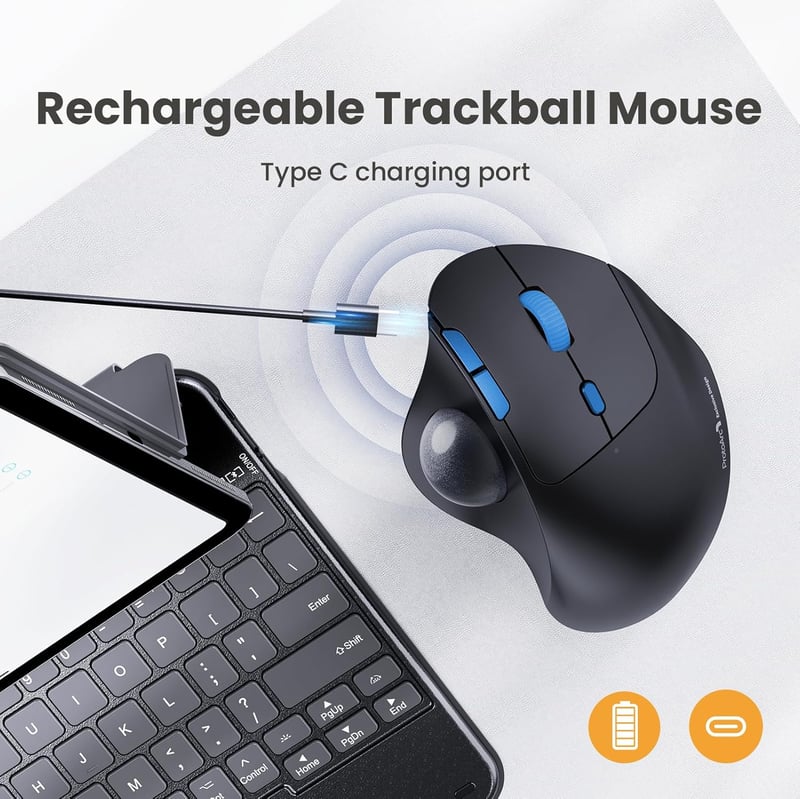 ProtoArc EM04 ergonomikus, újratölthető Bluetooth trackball egér - szürke golyó, kék gomb