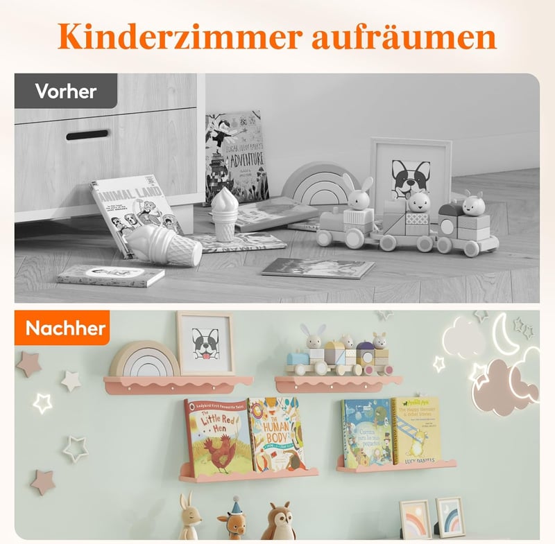 Lifewit Gyerek Fali Könyvespolc Szett, 4 db Rózsaszín Hullám Alakú Függő Polc (38 cm), Gyerekszobába Könyvekhez, Játékokhoz, Plüssökhöz