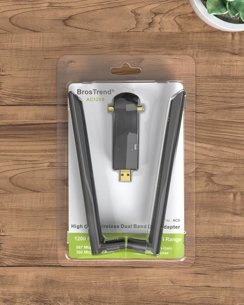 BrosTrend AC1200 USB WiFi adapter nagy hatótávú, dupla antennás, Windows kompatibilis