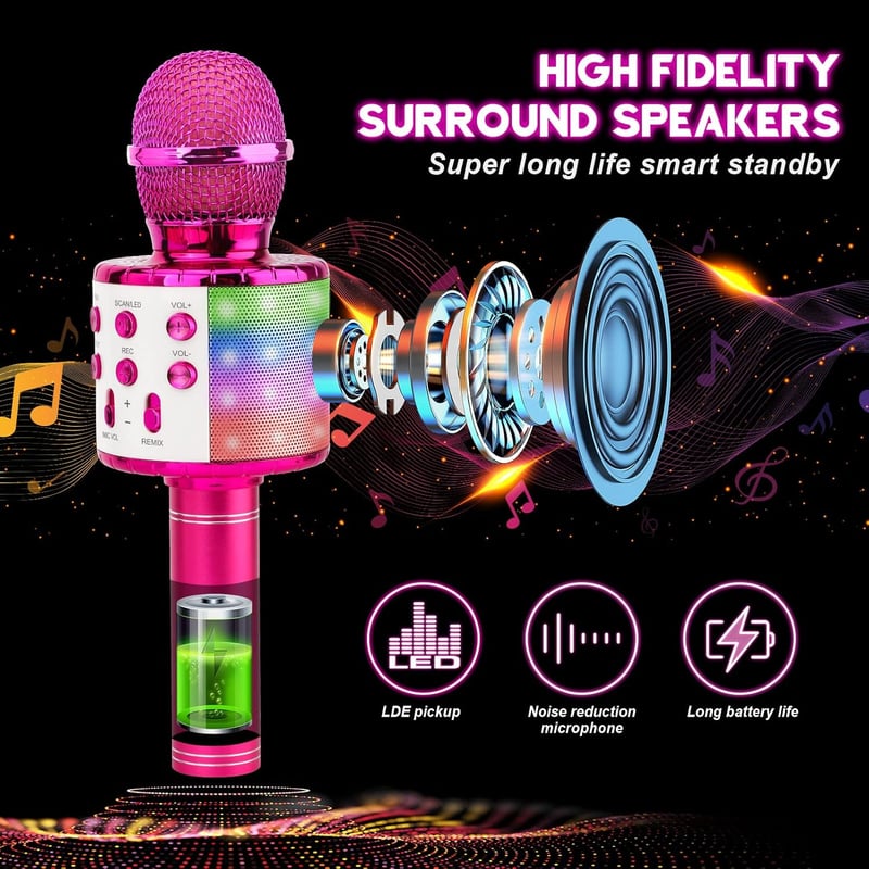 ShinePick 4 az 1-ben Lila Bluetooth Karaoke Mikrofon LED Fénnyel, Gyerekeknek 4-12 Éves Korig