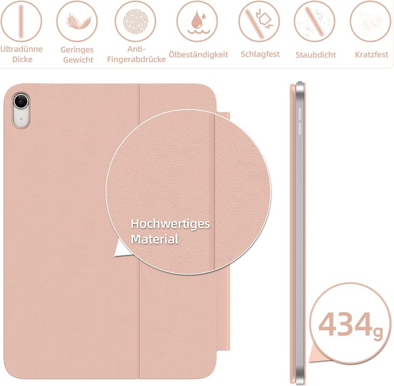 HOU Slim Bluetooth Billentyűzetes Tok iPad 10. és 11. Generációhoz - Műbőr Védőtok QWERTZ Kiosztással, Ergonomikus Állítható Tartóval, Rózsa