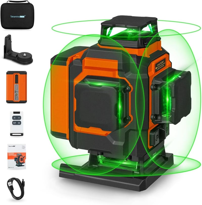 TakamineTech Zöld Keresztvonalas Lézer - 4x360° Önszintező Lézeres Szintező, 16 Vonalas Építési Lézer, 5200 mAh Akkumulátor, Távirányítható,
