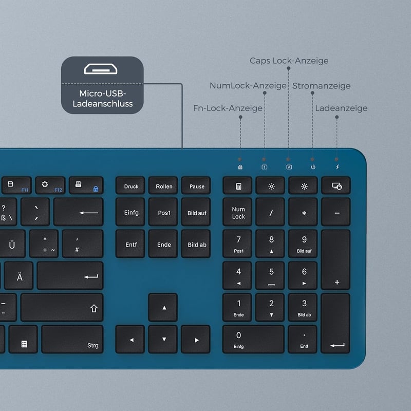 seenda SK38-3 Vezeték Nélküli Billentyűzet-Egér Szett, Ultravékony Tölthető, Ergonomikus, Szilikon Porvédővel, PC/Laptop/TV, QWERTZ, Fekete-