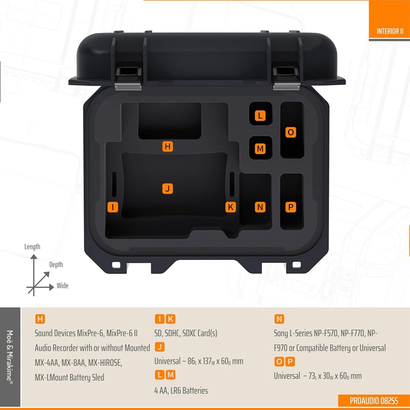 Moë & Mirakime Védőtok Sound Devices MixPre-6 és MixPre-6 II Hangrögzítőhöz, AA, NP-F, Hirose Akkumulátortöltővel, Fekete, Professzionális A