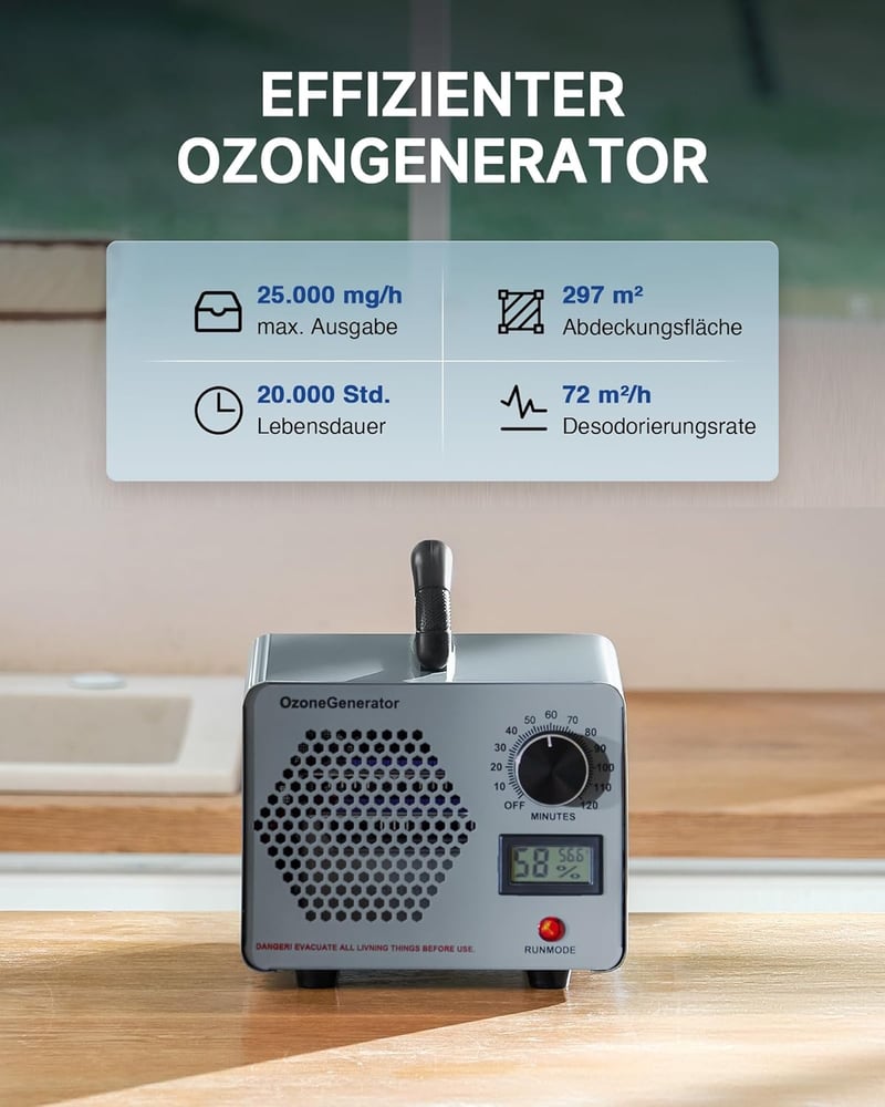 CREWORKS Ózongenerátor 25000 mg/h - Szagtalanító Készülék 300 m² Területre, 120 Perces Időzítővel, Hőmérséklet és Páratartalom Kijelzővel