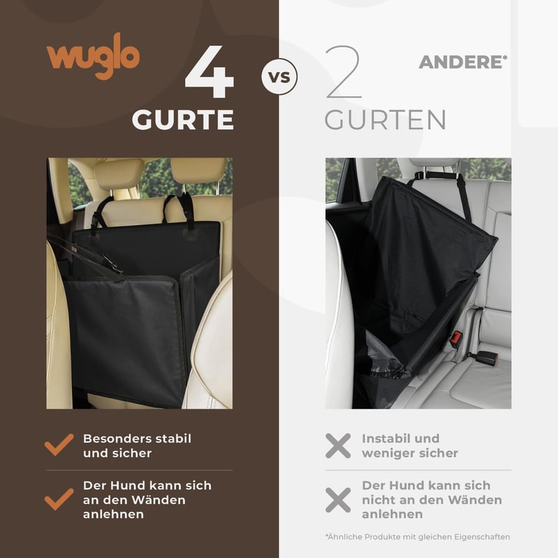 WUGLO Megerősített Kutya Autósülés - Vízálló Oxford Anyagú Hátsó Ülésre, 4 Rögzítőpánttal, Kis és Közepes Kutyáknak (L Méret, Fekete)
