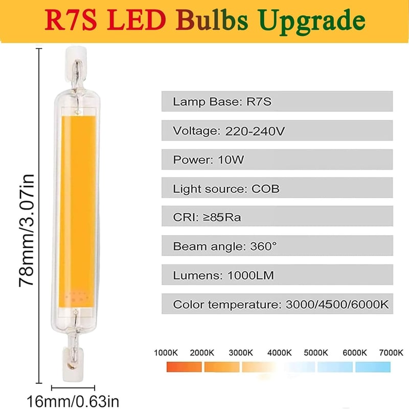 MZIEIU 10 W R7S LED Izzók 78 mm – Meleg fehér (3000 K), 1000 LM, vibrálásmentes, dimmelhető – 100 W halogén rúd helyettesítője, 360° világítás, AC 220–240 V
