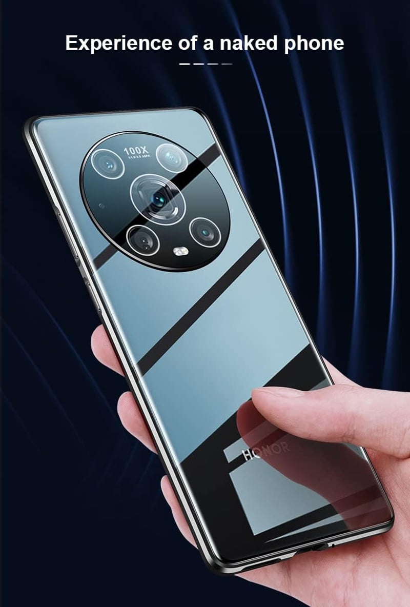 Honor Magic 5 Lite mágneses tok - 360°-os zöld alumínium keret üveg hátlappal