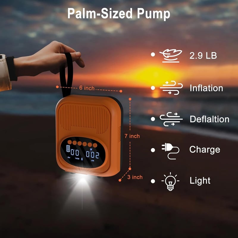 Mojimdo Elektromos SUP Pumpa 20 PSI - Akkumulátoros, 5 Üzemmóddal, Kompakt Hordszíjjal, Automata Kikapcsolással - Kajak, Sátor, Matrac Felfú