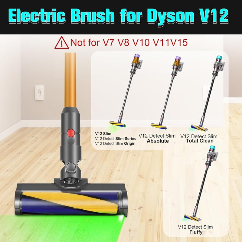 RUKHOOL LED Padlókefe Dyson V12 Detect Slim Porszívóhoz - Kemény Padlóhoz, 140° Forgatható Fejjel, Zöld LED Világítással
