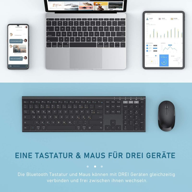 seenda Bluetooth Billentyűzet és Egér Szett - Vezeték Nélküli, Kettős Bluetooth & 2.4G USB, Német Kiosztású, Újratölthető, Mac/Windows/Andro