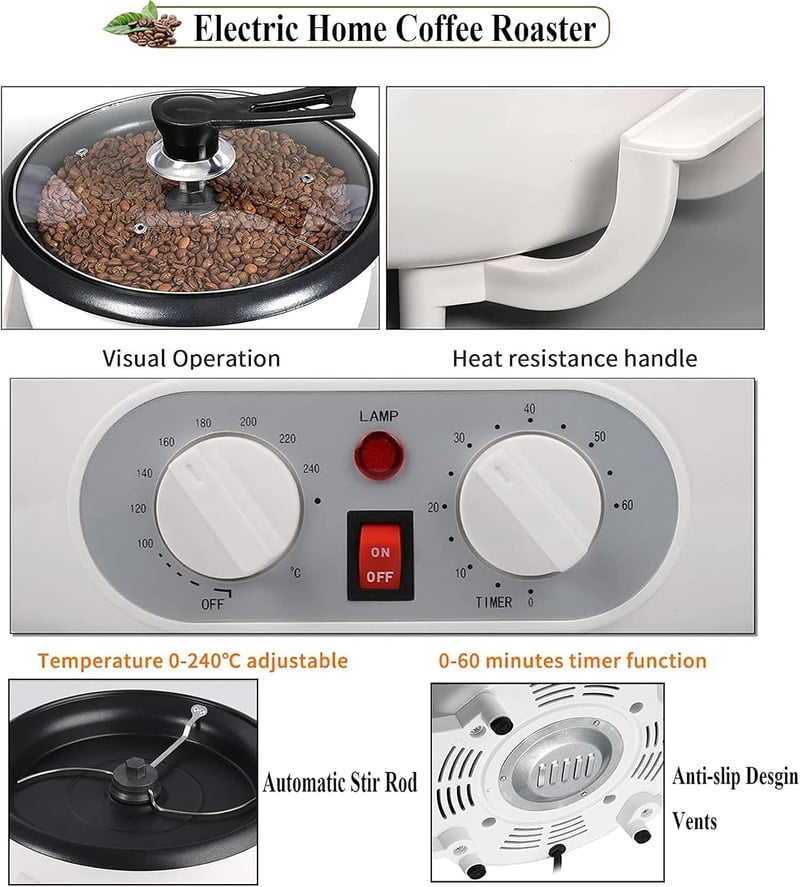 LEONEBEBE Elektromos Kávépörkölő 750g - Professzionális Pörkölőgép Kávébabhoz, Magokhoz, 240°C Állítható Hőmérséklet, Időzítő, Füstmentes, O