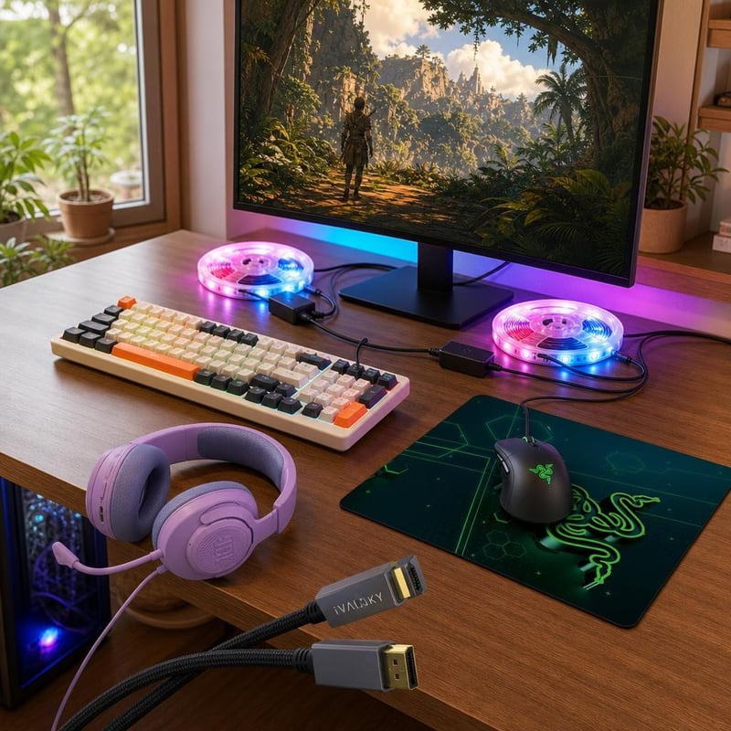 Gamer štartovací balík: 1x DP kábel + 1x RGB klávesnica + 1x podložka + 2x LED senzor + 1x headset