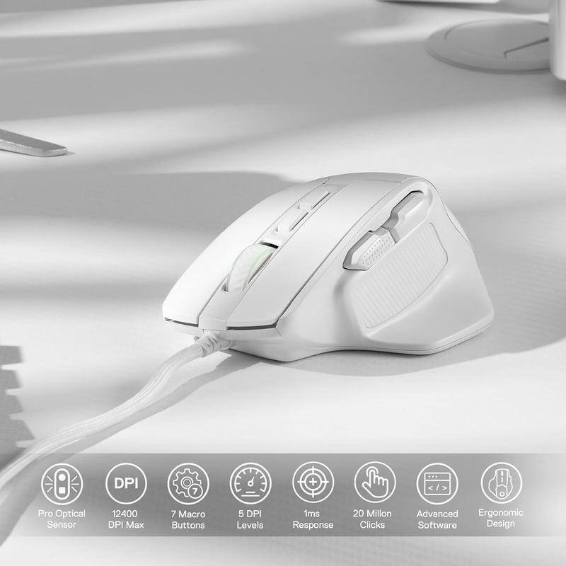 Redragon M806 Bullseye Gamer Egér, 7 Programozható Gomb, RGB Világítás, Ergonomikus Markolat, 12400 DPI, Makró Funkció, Fehér