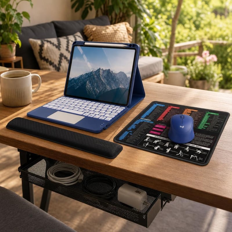 Zorganizovaný pracovný kút: myš + puzdro s klávesnicou na iPad + podložka + opierka + organizér káblov