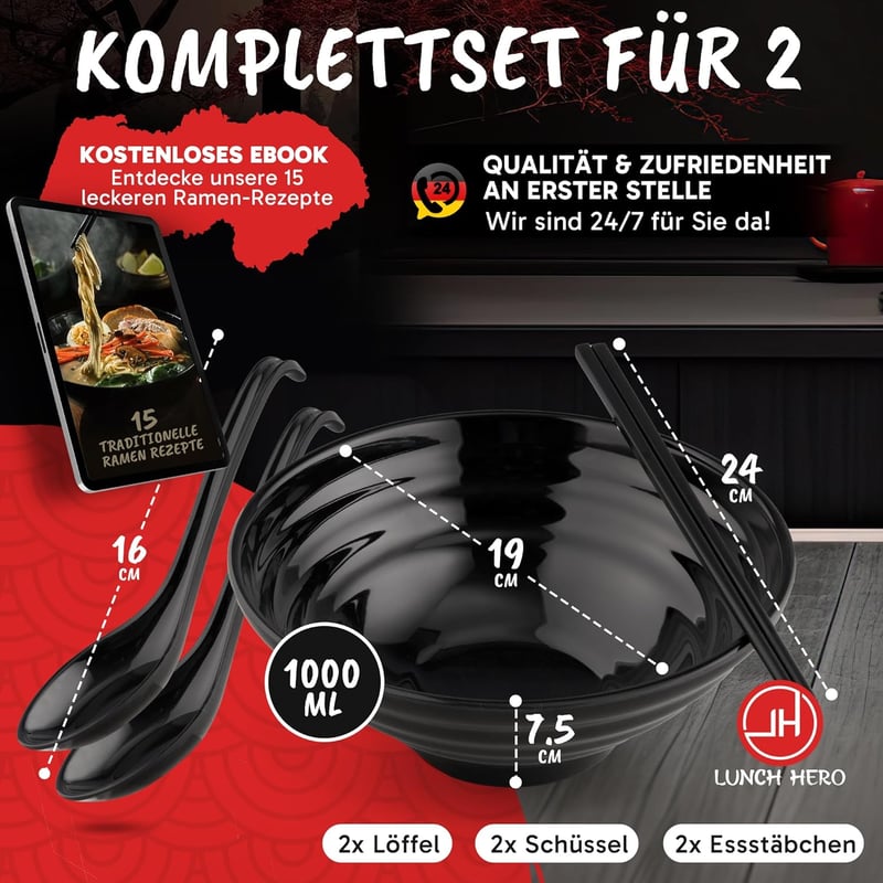 LunchHero® Ramen Tál Készlet - 1000 ml Melamin Leveses Tál Japán Stílusban - Mosogatógépben Mosható Étkészlet Evőpálcikával és Kanállal - 2 