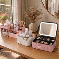 Set na líčenie: 1× organizér so zásuvkami + 1× box s priehradkami + 1× kozmetická taška s LED zrkadlom 1