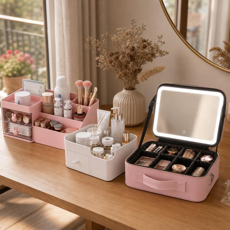 Set na líčenie: 1× organizér so zásuvkami + 1× box s priehradkami + 1× kozmetická taška s LED zrkadlom