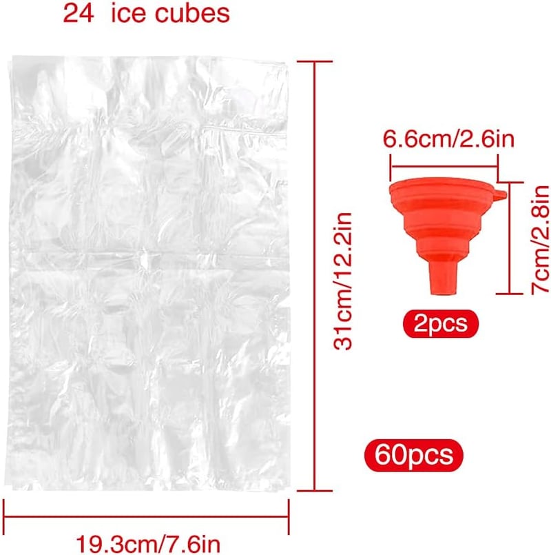 YIXISI 60 db Öntömítő Jégkocka Zacskó 2 Szilikon Tölcsérrel - 1440 Jégkocka Whiskyhez, Koktélokhoz - Eldobható Jégkockatartó Utazáshoz, Part