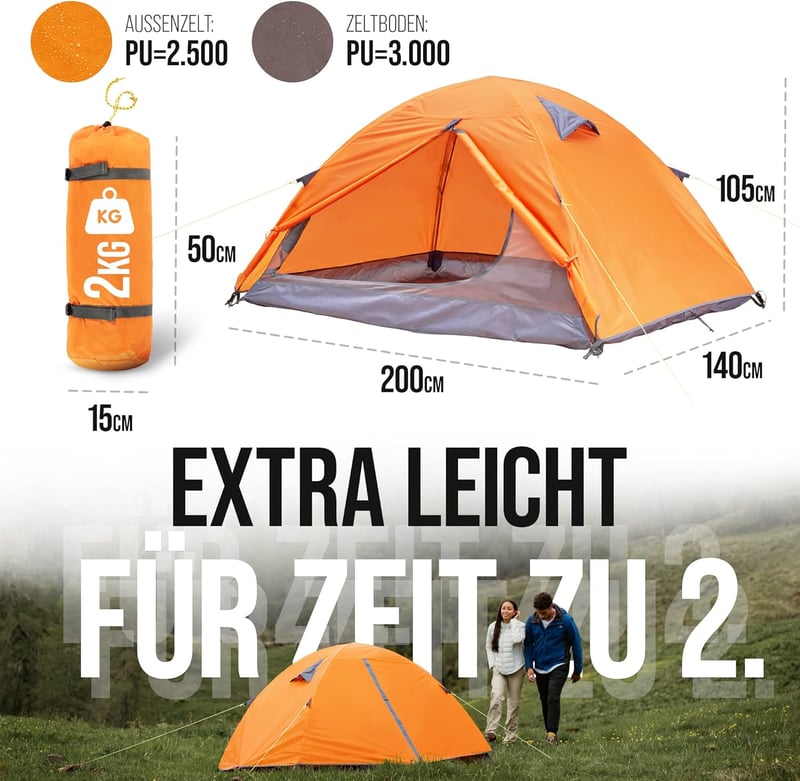 VALKENBERG Ultrakönnyű Narancssárga Trekking Sátor 1-2 Személynek - Fesztiválokra, Túrázásra