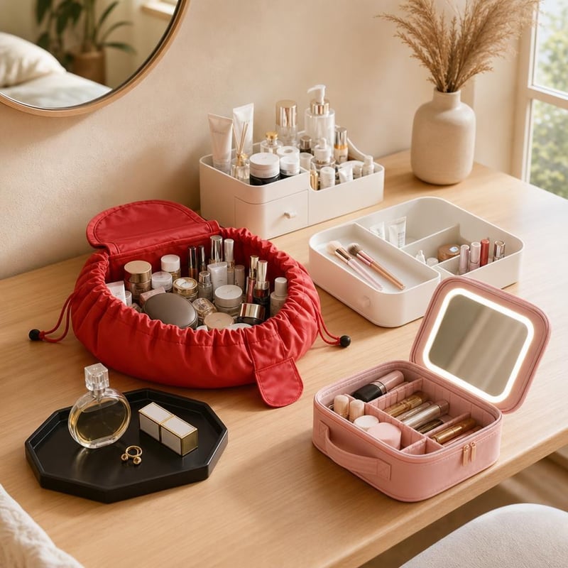 Set za organizaciju šminke: torbica + kutija s pretincima + pladanj + LED organizator