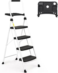 HBTower 4 Lépcsős Összecsukható Létra, Széles Csúszásgátló Pedálokkal, Stabil Fogantyúval, Könnyű 7,5kg Hordozható Acél Fellépő, Fehér, 229k 1