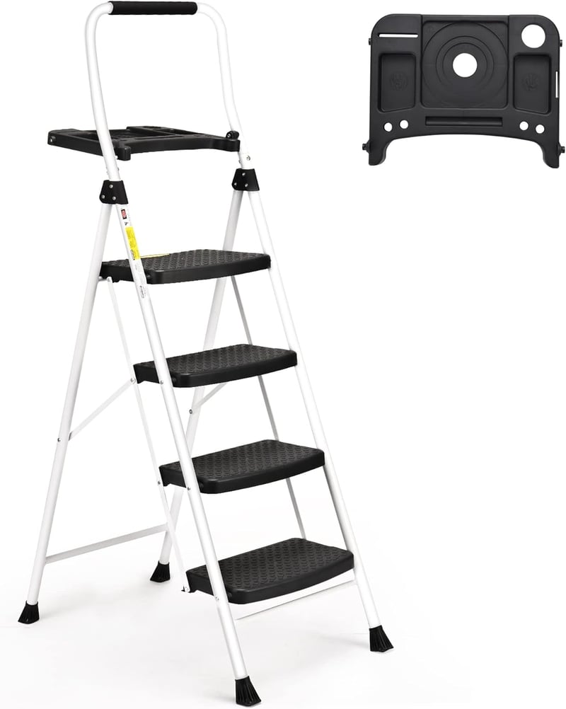 HBTower 4 Lépcsős Összecsukható Létra, Széles Csúszásgátló Pedálokkal, Stabil Fogantyúval, Könnyű 7,5kg Hordozható Acél Fellépő, Fehér, 229k