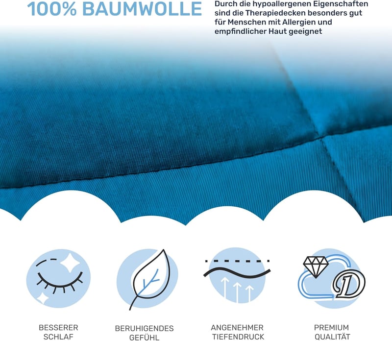 Dailydream Súlyozott Takaró 10,2 kg - Kék Üveggyöngy Töltetű Nyugtató Paplan 200x155 cm - Allergiamentes Pamut Anyagból Készült Relaxáló Alv