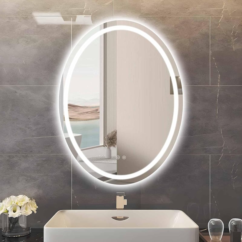 sunrik LED Fürdőszobai Tükör 60x80 cm - Ovális Világítással, 3 Színhőmérséklettel, Fényerőszabályzóval, Érintőkapcsolóval és Páramentesítő F
