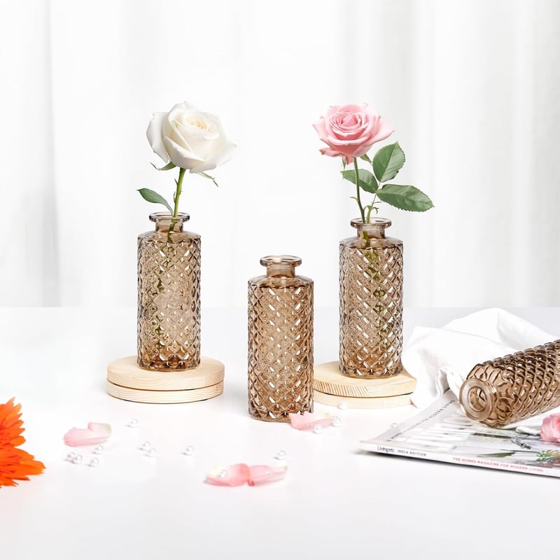 Winter Shore Borostyán Üveg Váza Szett (6 db) - Vintage Gyémánt Mintás Dekoráció - Asztali Váza Virágokhoz, Pampafűhöz - Esküvői, Otthoni Dí