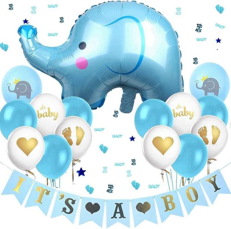 Kék elefántos "It's A Boy" babaváró dekoráció konfettivel - Feelairy
