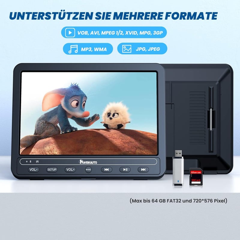 Naviskauto 10,5" Autós DVD lejátszó 2 képernyővel, 5 órás akkuval, USB, AV