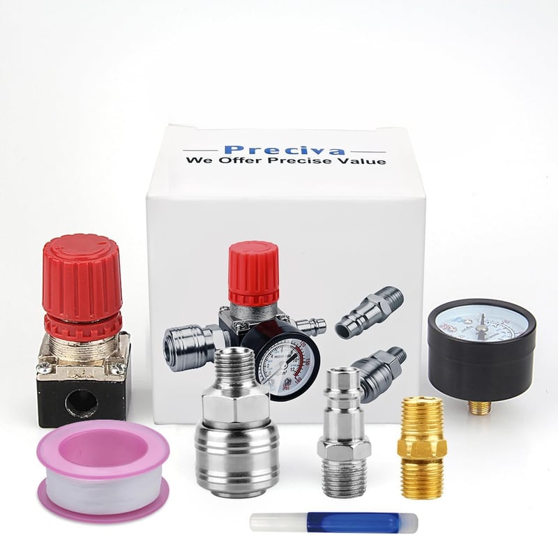 Preciva 1/4" Nyomásszabályozó Szelep - Légkompresszorokhoz, 175 PSI/12 BAR Nyomásmérővel - EU Szabvány, Fém Ház, 3 Csatlakozó, Fekete
