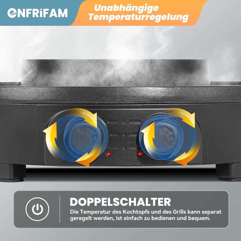 ENFRIFAM 2000W Elektromos Hot Pot és Raclette Grill, 8 Személyes, Kettős Főzőzóna, Független Hőmérséklet Szabályozás, Tapadásmentes Bevonat
