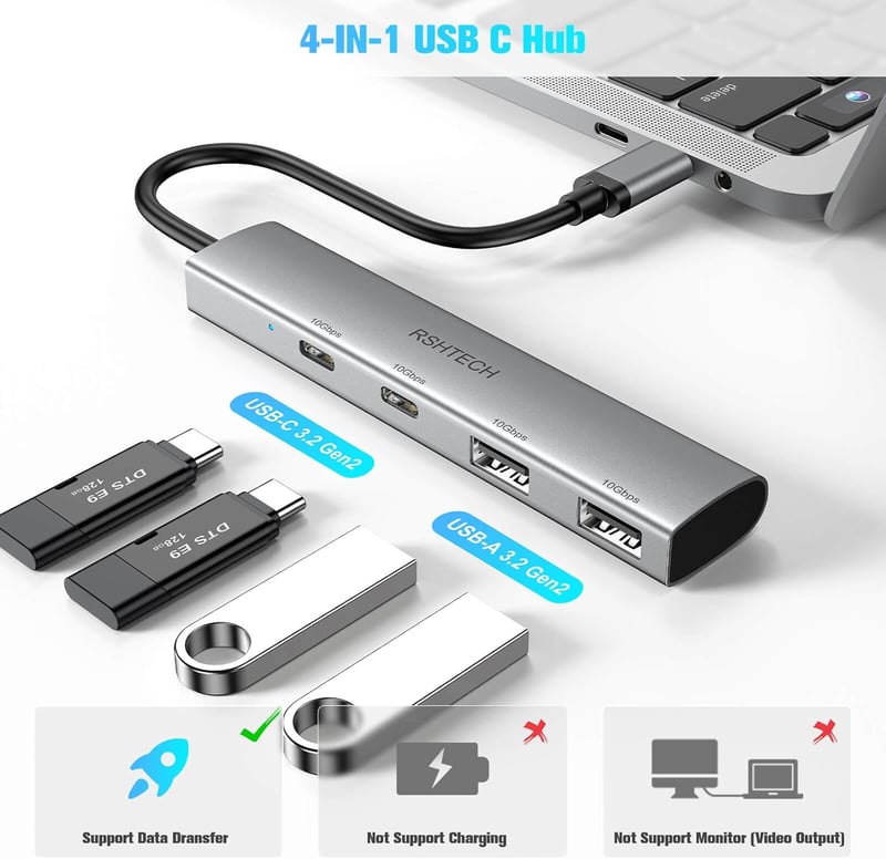 RSHTECH 10Gbps USB-C Hub: 4 portos, MacBook M2/M1 kompatibilis, ultravékony alumínium elosztó