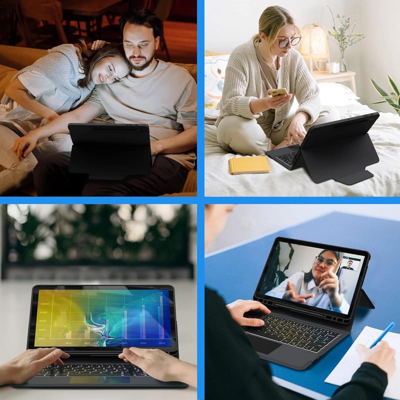 ROOFEI Billentyűzetes Tok Samsung Galaxy Tab S7 FE/S8+/S7+ 12,4" Tablethez - QWERTZ, 7 Színű Háttérvilágítás, Állvány, S Pen Tartó