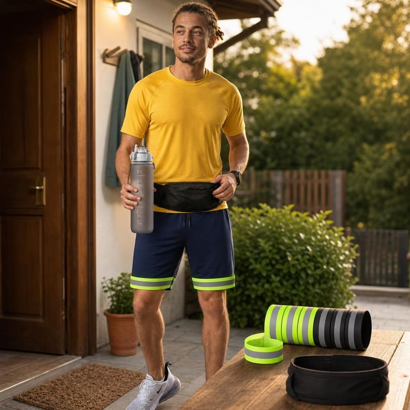 Kit alergare sigură: pantaloni cu buzunare + centură + 8 clipsuri reflectorizante + bidon 1L