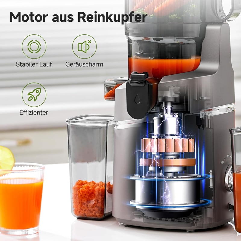 AMZCHEF Automata Gyümölcs- és Zöldségprés 250W - Széles 135mm Adagolónyílás, 1,8L Kapacitás, Hármas Szűrőrendszer, Hidegpréselés, Csendes Mo