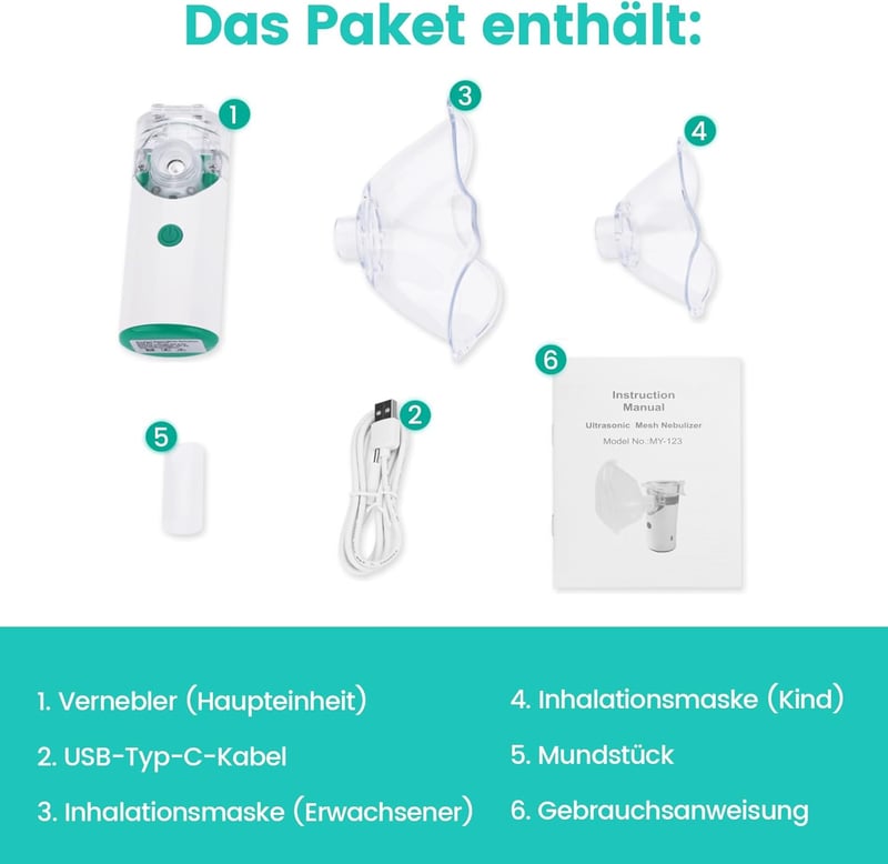 HITHINKMED Tölthető Ultrahangos Inhalátor - Felnőtt és Gyermek Porlasztó Készülék, Két Maszkkal és Szájrésszel, Zöld