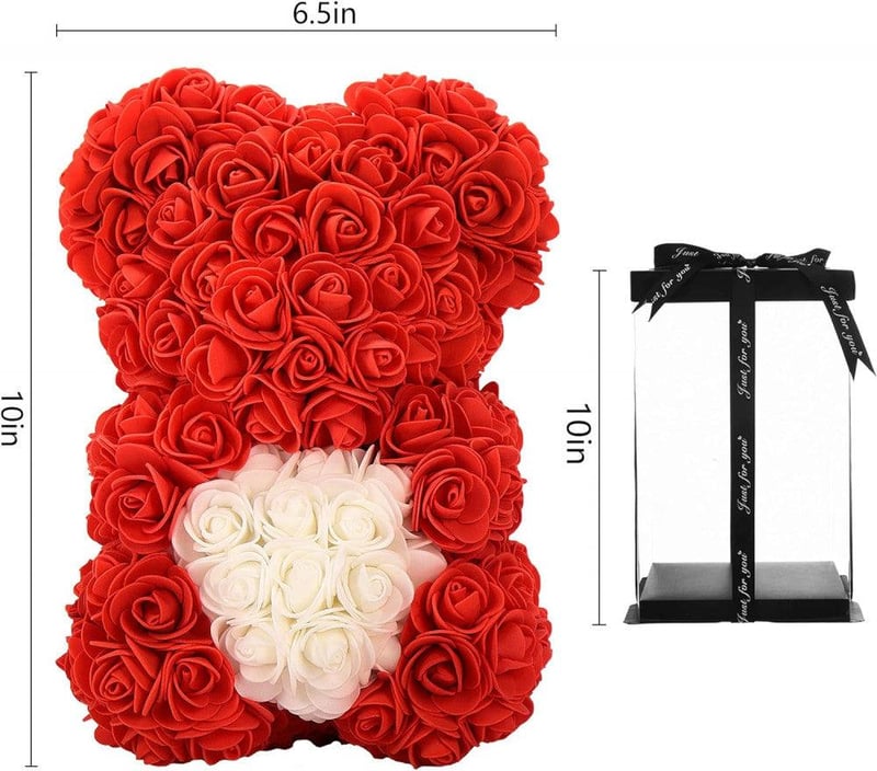 Piros Rózsa Medve Ajándékdobozban - 25 cm-es Művirág Maci Nőknek