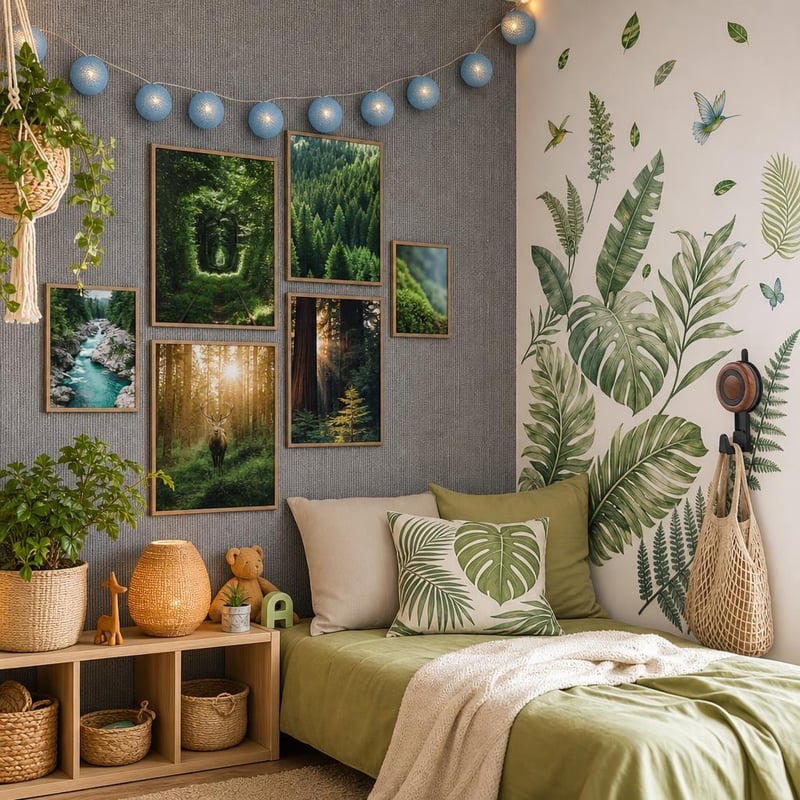 Set za dekoraciju zidova bez bušenja: 2x kuka + naljepnica + tapeta + 6x poster + LED lampice