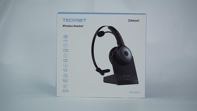 TECKNET Bluetooth Fejhallgató Mikrofonnal és USB Adapterrel - 45 Órás Üzemidő, 10m Hatótáv, AI Zajszűrés, Töltőállomás, Irodai Headset - 2-black, Bluetooth + USB dongle + charging station