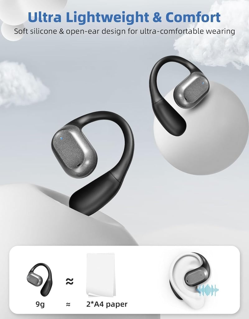 ZRUHIG Nyitott fülű Bluetooth fülhallgató, 48 órás üzemidő, vízálló, sportoláshoz