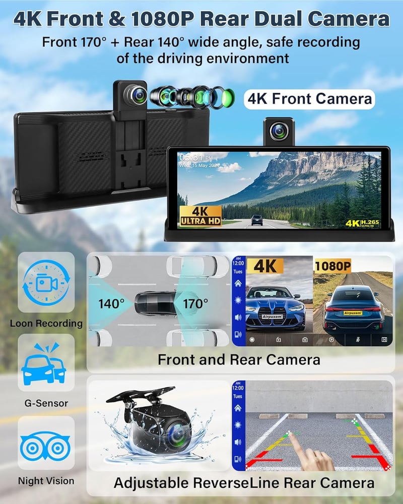 4K Carplay Autós Kijelző 10,26" 350° Forgatható Műszerfal Kamera, Android Kompatibilis, Bluetooth, Mirror Link, Siri, Google, 64GB TF Kártya