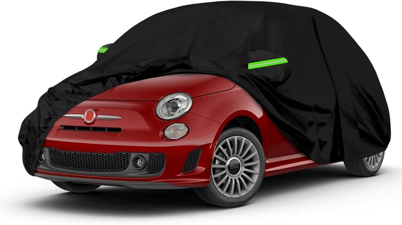 LMYDIDO Vízálló Autótakaró Fiat 500/500C/500E/Abarth (2007-2024) - Teljes Garázsponyva Cipzáras Ajtóval és Szélálló Pántokkal, UV-, Hó-, Eső