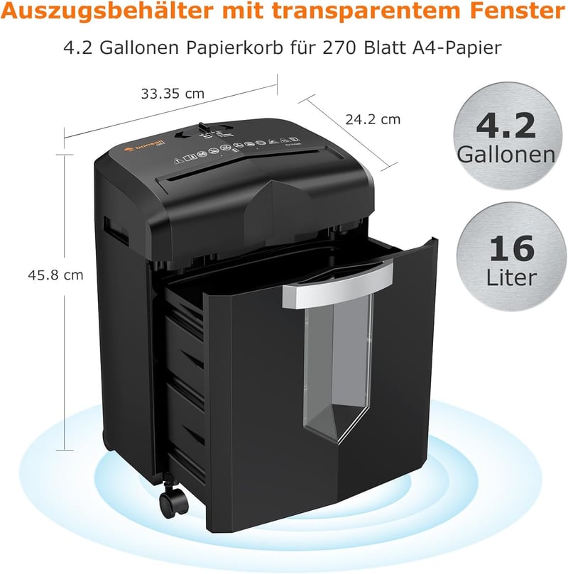 Bonsaii C266-B P4 Mikrovágású Iratmegsemmisítő, 12 Lapos Kapacitás, 60 Perces Működés, 16L Tartály, 4 Görgős Rendszer, Otthoni és Irodai Has