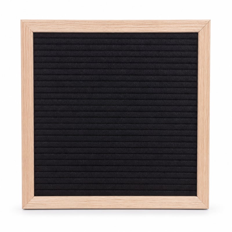Panou cu litere MHYMX 25x25 cm, tablă de afișaj din fetru cu ramă de lemn neagră, include set de litere, cifre și săculeț de depozitare